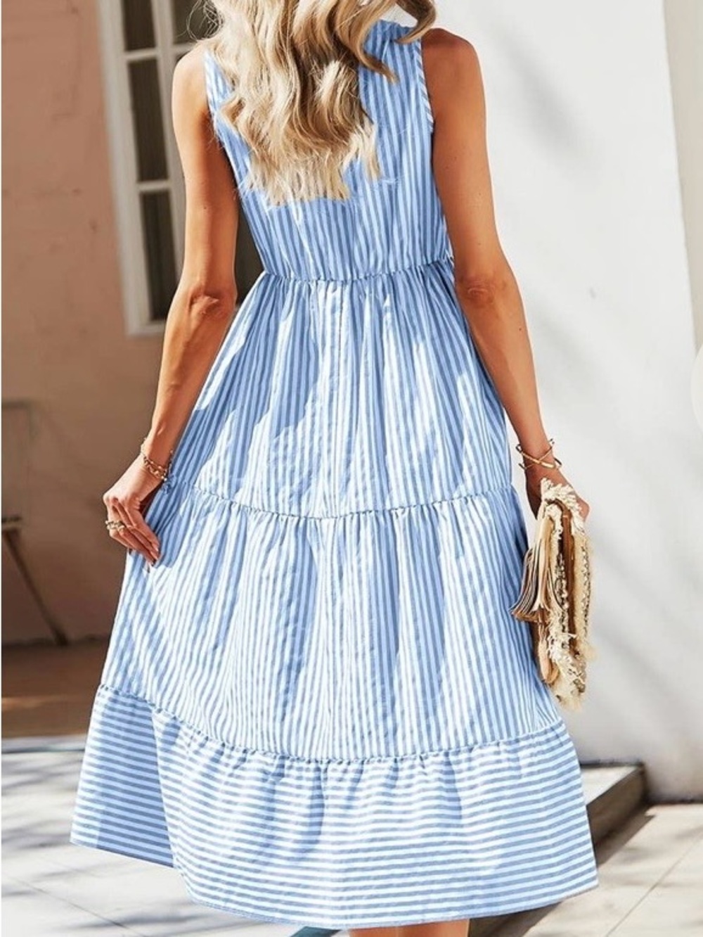 0253. Sleeveless Blue Stripe Tiered Midi Dress - Picture 3 of 3